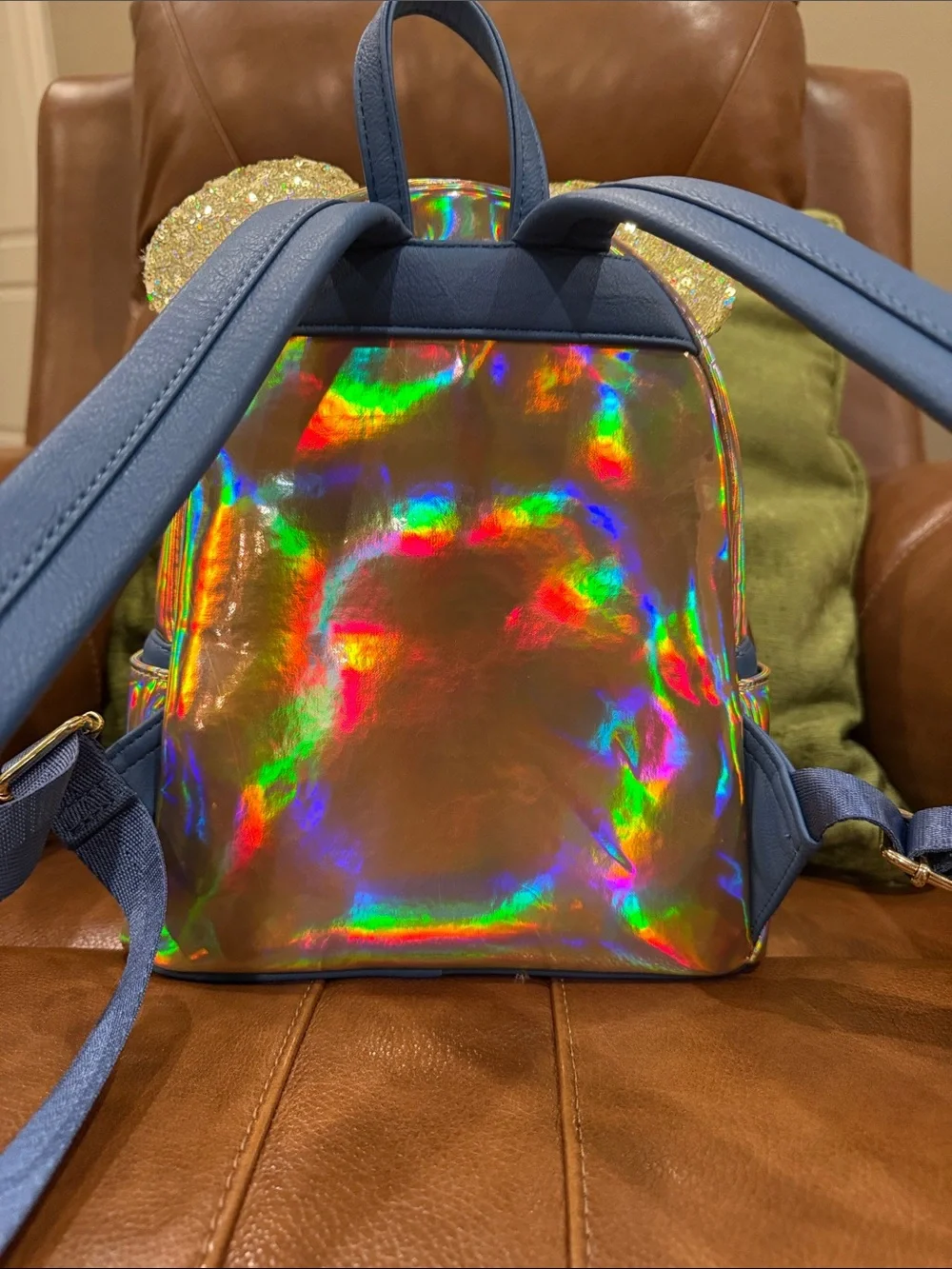 Disney Parks Gold Holographic & Sequin Minnie Mouse Loungefly Backpack with Bow